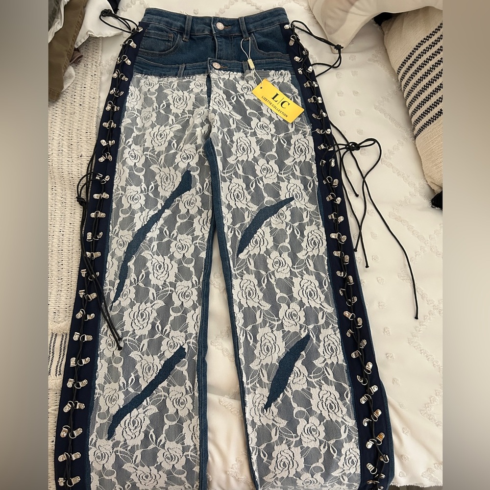 Lace Overlay Denim Pants